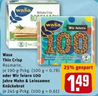 REWE City Wasa Thin Crisp 190g oder Wir feiern 100 Jahre Mohn & Leinsamen Knäckebrot 245g Angebot