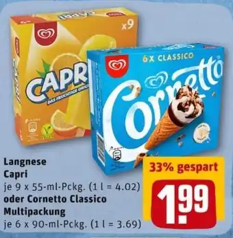 REWE City Langnese Capri 9x55ml oder Cornetto Classico Multipackung 6x90ml Angebot