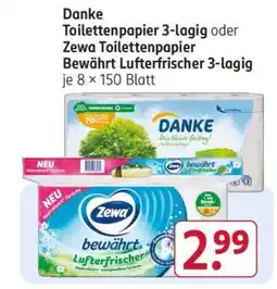 Rossmann Danke Toilettenpapier 3-lagig oder Zewa Toilettenpapier Bewährt Lufterfrischer 3-lagig Angebot