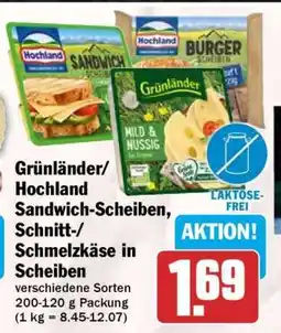 HIT Grünländer/Hochland Sandwich-Scheiben, Schnitt-/Schmelzkäse in Scheiben Angebot