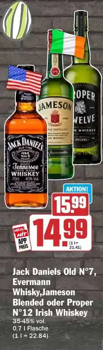 HIT Jack Daniels Old N°7, Evermann Whisky, Jameson Blended oder Proper N°12 Irish Whiskey Angebot