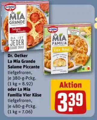REWE Dr. Oetker La Mia Grande Salame Piccante oder La Mia Familia Vier Käse Angebot