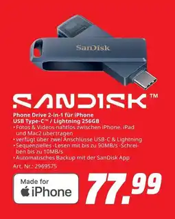 MediaMarkt SANDISK Phone Drive 2-in-1 für iPhone USB Type-C™M / Lightning 256GB Angebot