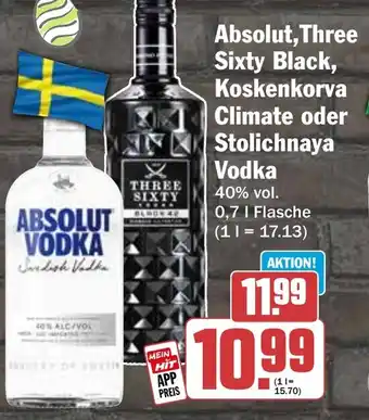 HIT Absolut, Three Sixty Black, Koskenkorva Climate oder Stolichnaya Vodka Angebot