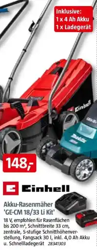 Bauhaus Einhell Akku-Rasenmäher 'GE-CM 18/33 Li Kit' Angebot