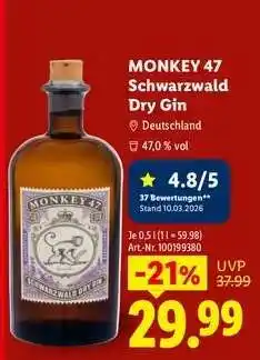 Lidl MONKEY 47 Schwarzwald Dry Gin Angebot