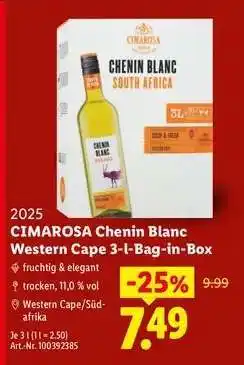 Lidl CIMAROSA Chenin Blanc Western Cape 3-l-Bag-in-Box Angebot