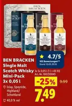 Lidl Ben Bracken Single Malt Scotch Whisky Mini-Pack 3x 0,05 l Angebot