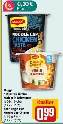 REWE Maggi 5 Minuten Terrine Nudeln in Rahmsauce oder Magic Asia Noodle Cup Chicken Angebot