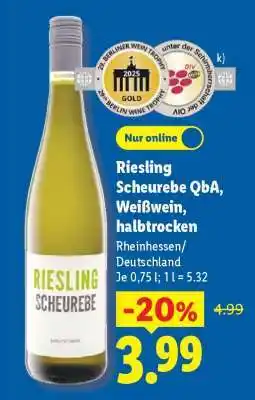 Lidl Riesling Scheurebe QbA, Weißwein, halbtrocken Angebot