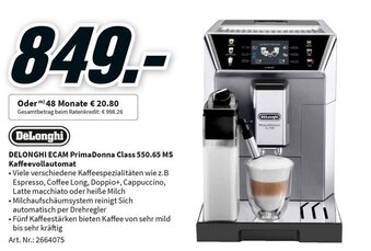 MediaMarkt Delonghi ECAM PrimaDonna Class 550.65 MS Kaffeevollautomat Angebot