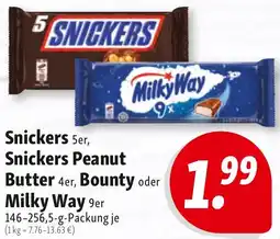 Nah & Frisch Snickers 5er, Snickers Peanut Butter 4er, Bounty oder Milky Way 9er Angebot
