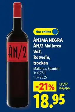 Lidl ÀNIMA NEGRA ÀN/2 Mallorca VdT, Rotwein, trocken Angebot