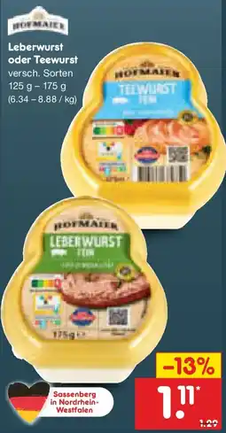 Netto Marken-Discount HOFMAIER Leberwurst oder Teewurst Angebot