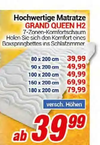 CENTERSHOP Hochwertige Matratze Grand Queen H2 Angebot