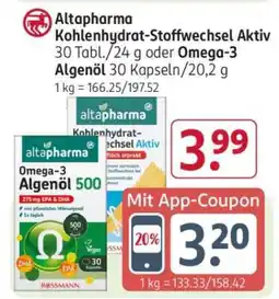Rossmann Altapharma Kohlenhydrat-Stoffwechsel Aktiv 30 Tabl./24 g oder Omega-3 Algenöl 30 Kapseln/20,2 g Angebot