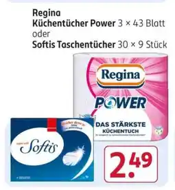 Rossmann Regina Küchentücher Power 3 × 43 Blatt oder Softis Taschentücher 30 × 9 Stück Angebot