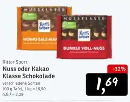 KONSUM Ritter Sport Nuss oder Kakao Klasse Schokolade Angebot
