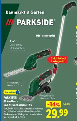Lidl PARKSIDE Akku-Gras- und Strauchschere 12 V Typ „PGSA 12 B1". Angebot