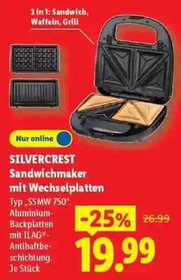 Lidl SILVERCREST Sandwichmaker mit Wechselplatten Typ „SSMW 750" Angebot