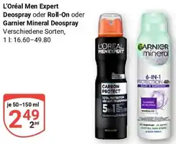 Globus L'Oréal Men Expert Deospray oder Roll-On oder Garnier Mineral Deospray Angebot