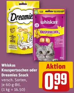 REWE Whiskas Knuspertaschen oder Dreamies Snack Angebot