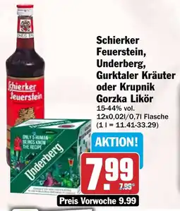 HIT Schierker Feuerstein, Underberg, Gurktaler Kräuter oder Krupnik Gorzka Likör Angebot