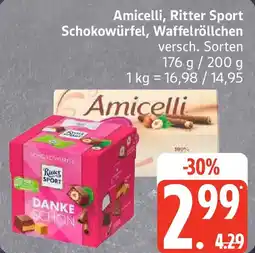 Edeka Amicelli, Ritter Sport Schokowürfel, Waffelröllchen Angebot