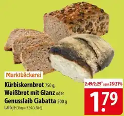 Famila Nord Ost Marktbäckerei Kürbiskernbrot, Weißbrot mit Glanz oder Genusslaib Ciabatta Angebot