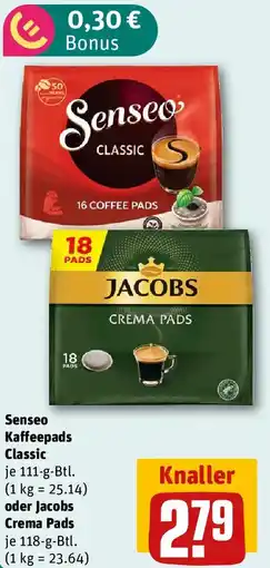 REWE Senseo Kaffeepads Classic oder Jacobs Crema Pads Angebot