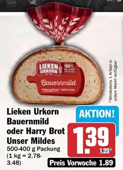 HIT Lieken Urkorn Bauernmild oder Harry Brot Unser Mildes Angebot