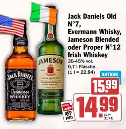 HIT Jack Daniels Old N°7, Evermann Whisky, Jameson Blended oder Proper N°12 Irish Whiskey Angebot