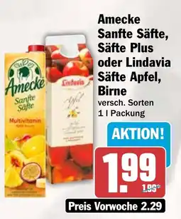 HIT Amecke Sanfte Säfte, Säfte Plus oder Lindavia Säfte Apfel, Birne Angebot