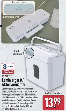 Aldi Nord EXPERTIZ Laminiergerät/ Aktenvernichter Angebot