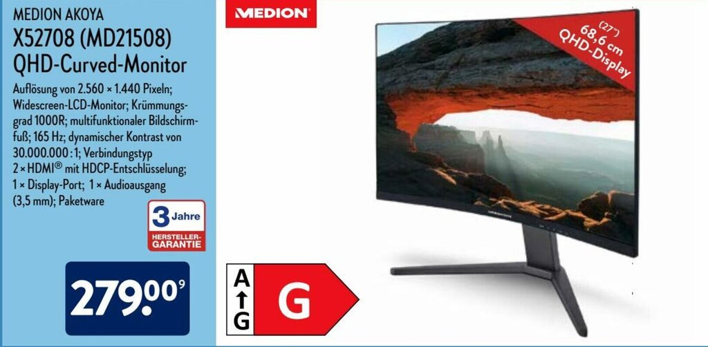 Medion Akoya X52708 (MD21508) QHD Curved Monitor Angebot bei Aldi Nord