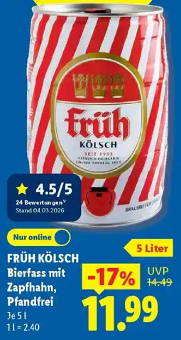 Lidl FRÜH KÖLSCH Bierfass mit Zapfhahn, Pfandfrei Angebot