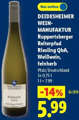 Lidl DEIDESHEIMER WEINMANUFAKTUR Ruppertsberger Reiterpfad Riesling QbA, Weißwein, feinherb Angebot