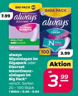 NETTO always Slipeinlagen im Gigapack oder Discreet Inkontinenzeinlagen im Big Pack Angebot