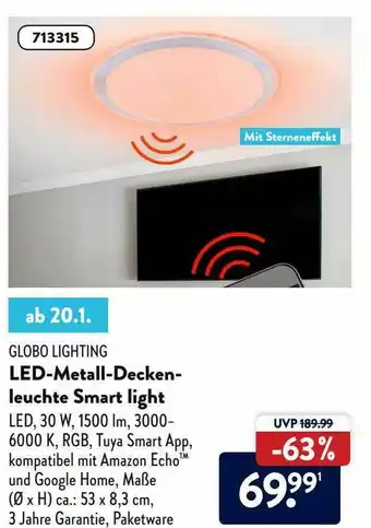 Aldi Nord Globo Lighting Led-metall-deckenleuchte Smart Light Angebot