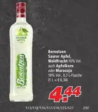 Marktkauf Berentzen Saurer Apfel, Waldfrucht Auch Apfelkorn Oder Maracuja Angebot