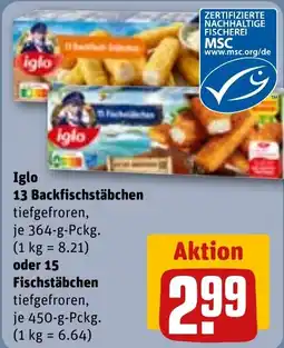 REWE Iglo 13 Backfischstäbchen oder 15 Fischstäbchen Angebot