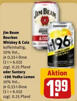 REWE Jim Beam Bourbon Whiskey & Cola oder Suntory -196 Vodka Lemon Angebot