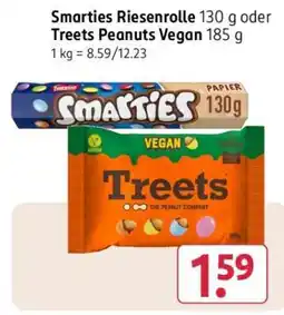 Rossmann Smarties Riesenrolle 130 g oder Treets Peanuts Vegan 185 g Angebot