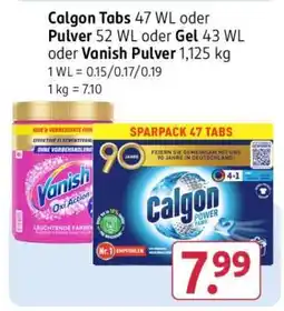 Rossmann Calgon Tabs 47 WL oder Pulver 52 WL oder Gel 43 WL oder Vanish Pulver 1,125 kg Angebot