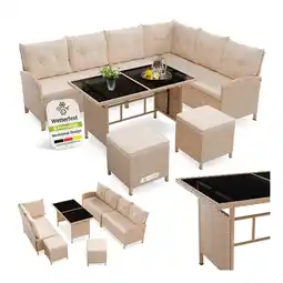 Netto Marken-Discount Juskys Gartenlounge Manacor creme - Sofa, Tisch, Hocker & Kissen - 8 Personen - Sitzbezüge in Sand Angebot