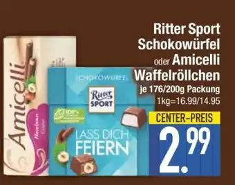 Edeka Ritter Sport Schokowürfel oder Amicelli Waffelröllchen Angebot
