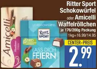 E-Center Ritter Sport Schokowürfel oder Amicelli Waffelröllchen Angebot