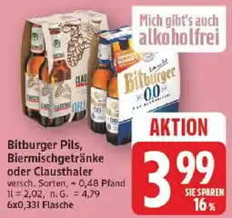 Edeka Bitburger Pils, Biermischgetränke oder Clausthaler Angebot