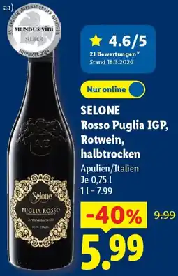 Lidl SELONE Rosso Puglia IGP, Rotwein, halbtrocken Angebot