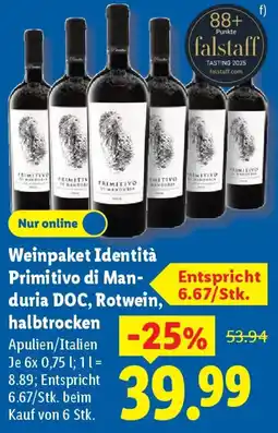 Lidl Weinpaket Identità Primitivo di Manduria DOC, Rotwein, halbtrocken Angebot